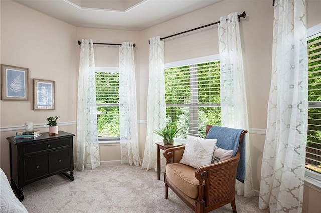 sitting room with healthy amount of natural light, carpet floors, and baseboards
