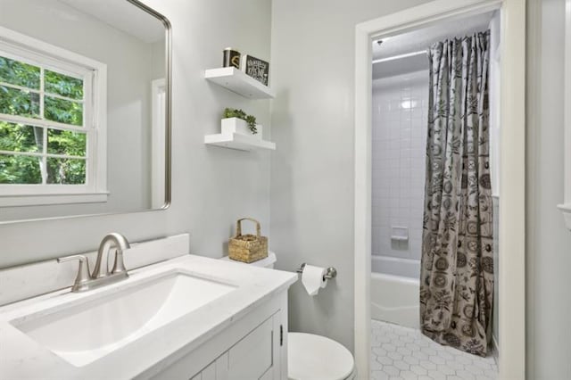 full bathroom with toilet, vanity, and shower / bathtub combination with curtain