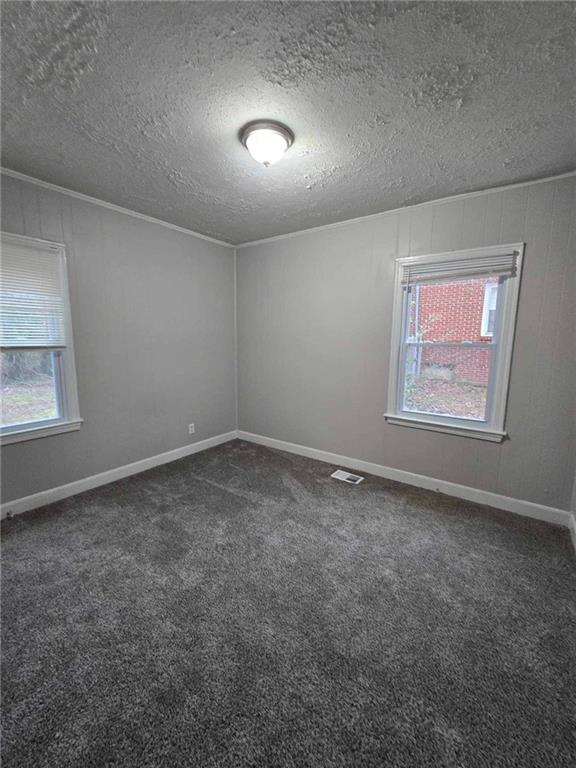 empty room featuring ornamental molding, a textured ceiling, and dark colored carpet