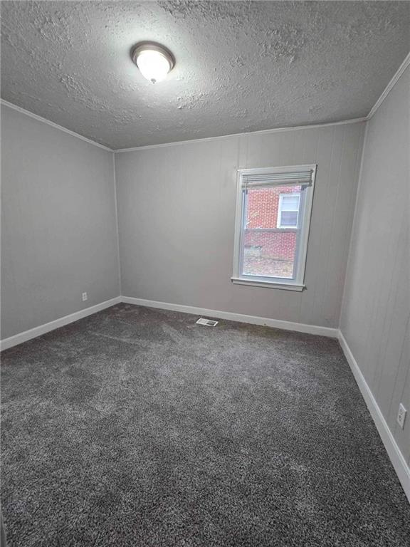 empty room with a textured ceiling, carpet floors, and crown molding