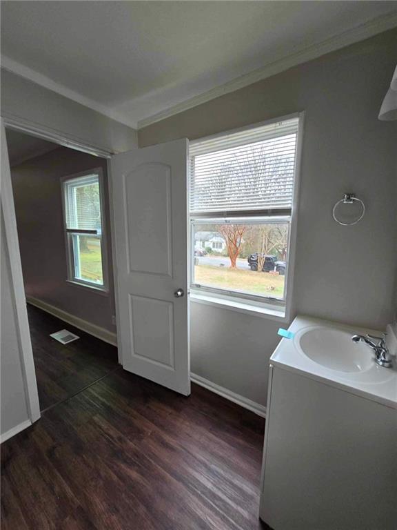 bathroom featuring hardwood / wood-style floors, crown molding, and sink