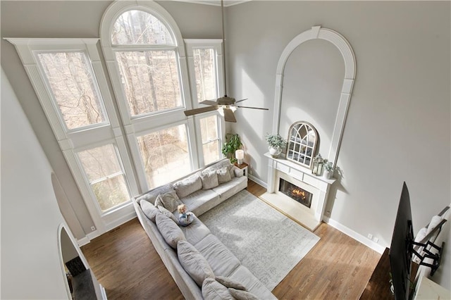 living room with wood-type flooring, a towering ceiling, and ceiling fan