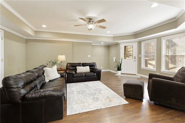 living room featuring dark hardwood / wood-style flooring, crown molding, a raised ceiling, and ceiling fan