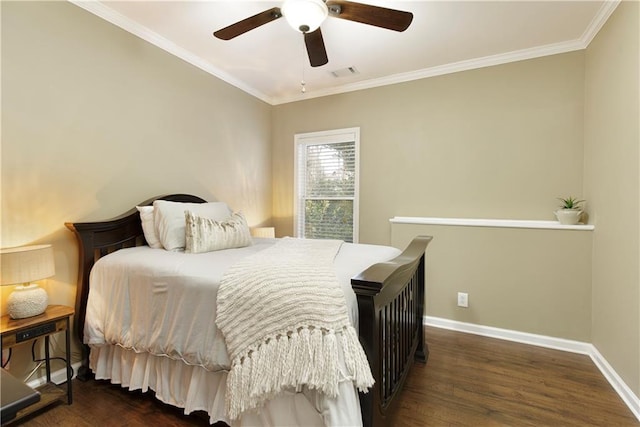 bedroom featuring dark hardwood / wood-style flooring, ornamental molding, and ceiling fan