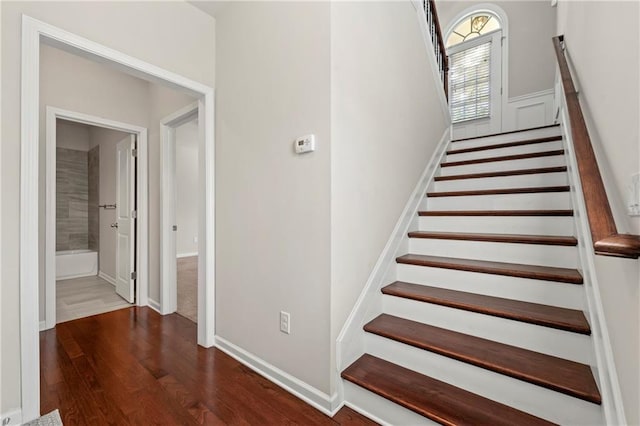 staircase with hardwood / wood-style floors