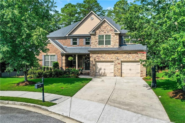 craftsman house featuring a front lawn and a garage