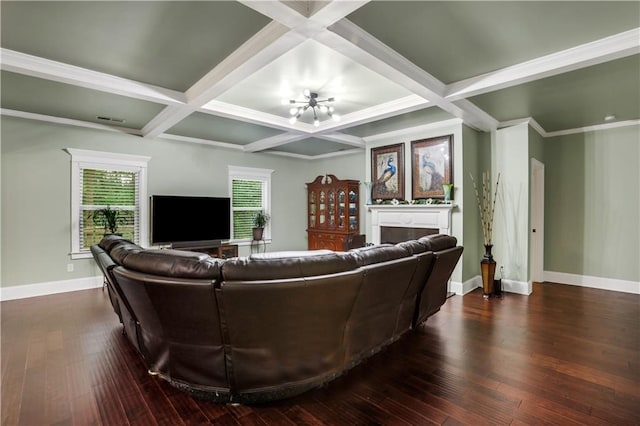 living room featuring dark hardwood / wood-style floors, a chandelier, and coffered ceiling