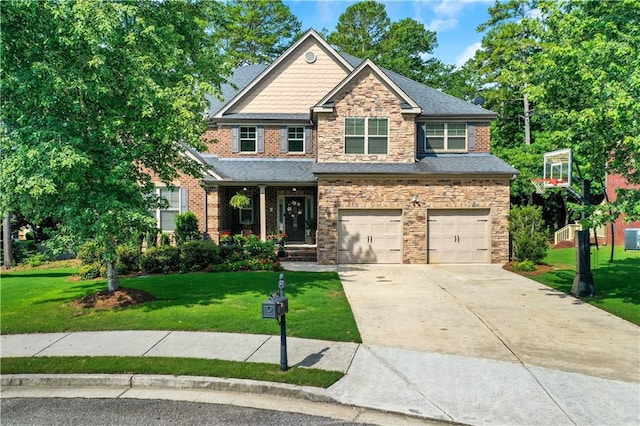 craftsman-style home featuring central air condition unit, a garage, and a front lawn