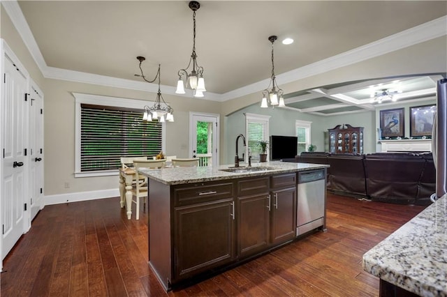 kitchen with dark hardwood / wood-style flooring, sink, coffered ceiling, stainless steel dishwasher, and dark brown cabinets