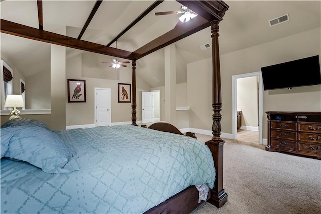 carpeted bedroom with ceiling fan and vaulted ceiling with beams