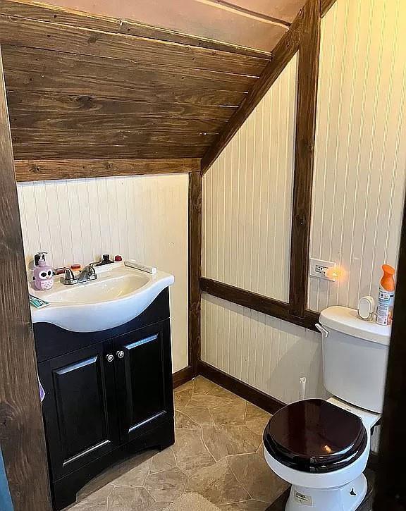 bathroom with toilet, wood ceiling, wood walls, and vanity