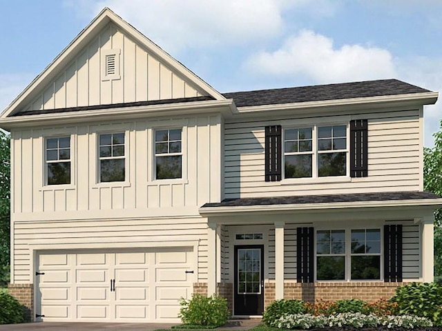 view of front of property with board and batten siding, concrete driveway, an attached garage, and brick siding