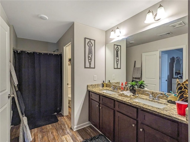 bathroom with toilet, wood-type flooring, and vanity