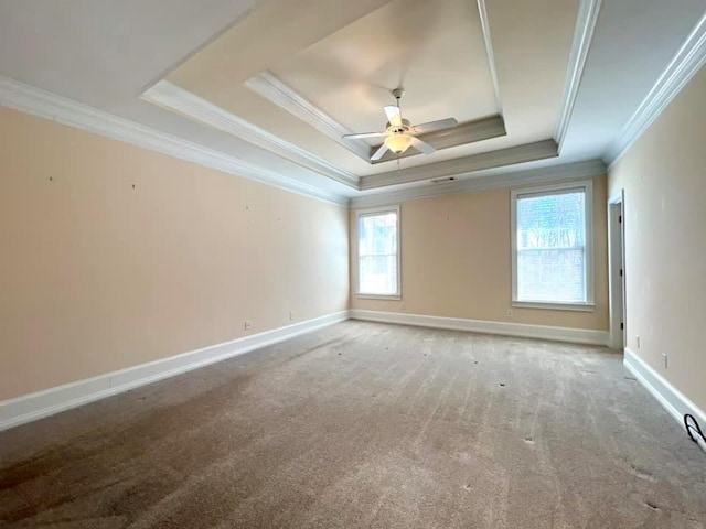 spare room with baseboards, a raised ceiling, a ceiling fan, crown molding, and carpet floors