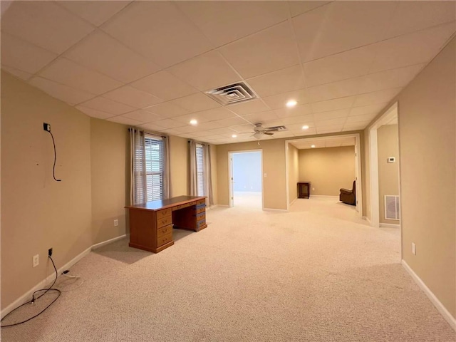 interior space featuring carpet, baseboards, visible vents, and recessed lighting