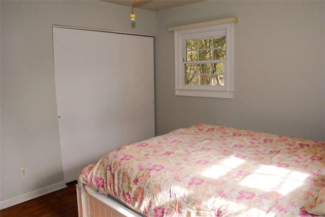 bedroom featuring dark wood-type flooring and a closet