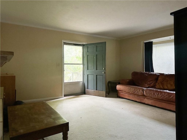 carpeted living room featuring crown molding