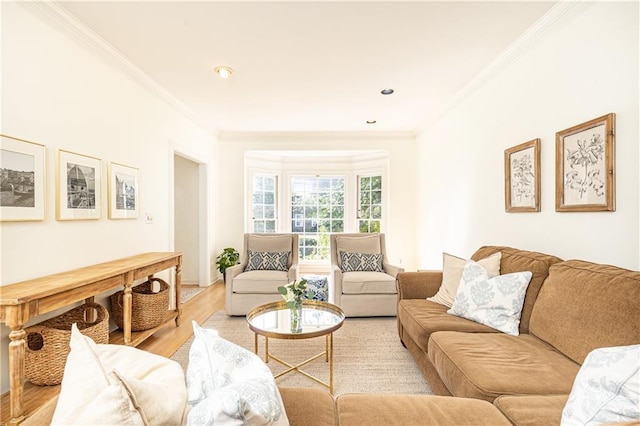 living area featuring crown molding and light wood finished floors