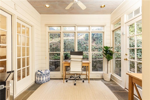 sunroom featuring wood ceiling, plenty of natural light, and ceiling fan