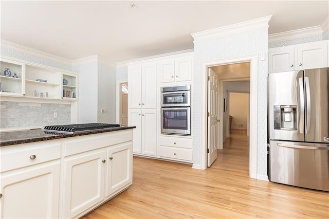 kitchen with light wood finished floors, appliances with stainless steel finishes, ornamental molding, white cabinetry, and open shelves