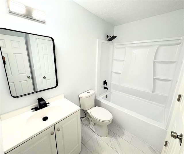 full bathroom featuring shower / bathtub combination, vanity, toilet, and a textured ceiling