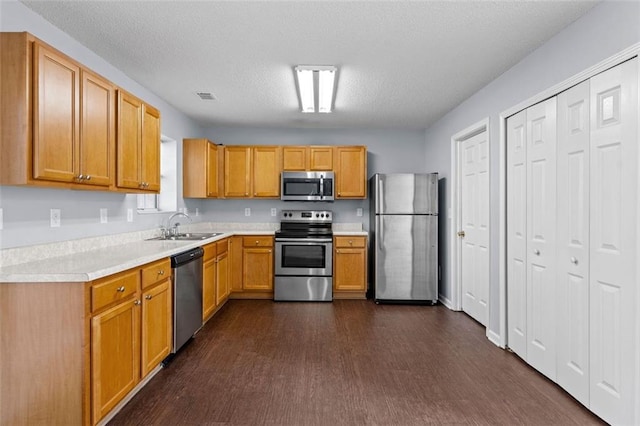 kitchen with a textured ceiling, dark hardwood / wood-style flooring, sink, and appliances with stainless steel finishes