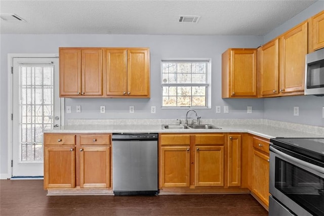 kitchen featuring a healthy amount of sunlight, sink, stainless steel appliances, and dark wood-type flooring