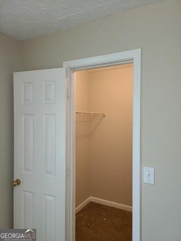walk in closet featuring dark carpet