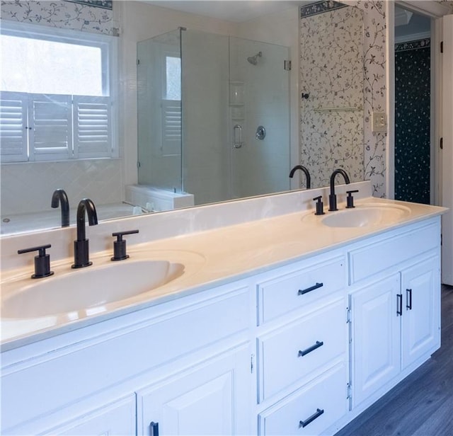 5150 Rockford Ln, Stockbridge, GA 30281 - bathroom with a stall shower, double vanity, and a sink