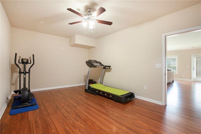 exercise room with ceiling fan, baseboards, and wood finished floors