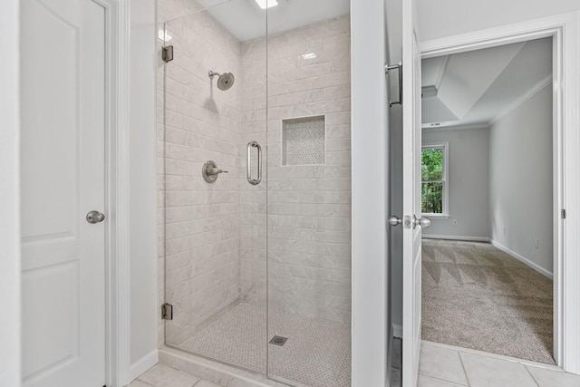 2934 Mill Grove Ter, Dacula, GA 30019 - full bathroom with a shower stall, tile patterned floors, and ornamental molding