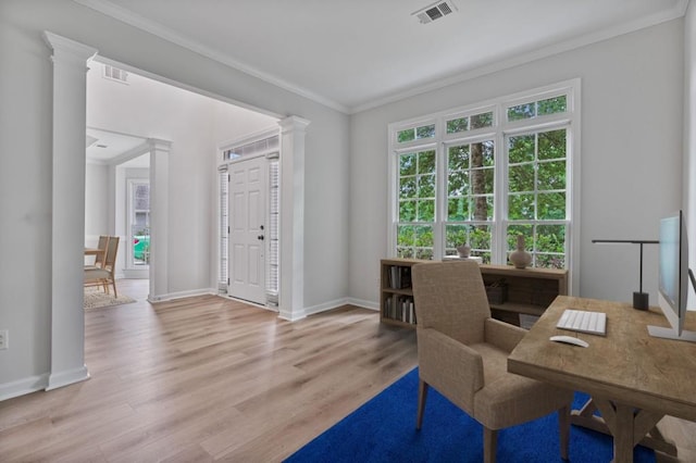 2934 Mill Grove Ter, Dacula, GA 30019 - home office with crown molding, light wood-style floors, and decorative columns