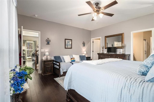 bedroom with ceiling fan and dark wood finished floors