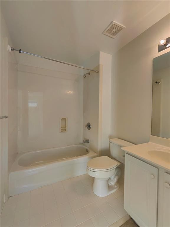 bathroom with toilet, vanity, bathtub / shower combination, and visible vents