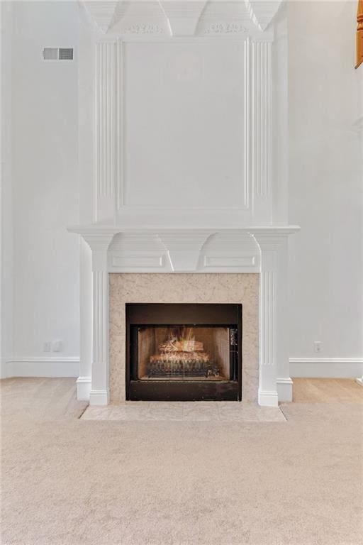 3030 Berry Rd, Loganville, GA 30052 - detailed view of a fireplace, carpet flooring, and baseboards