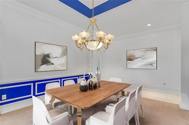 3030 Berry Rd, Loganville, GA 30052 - carpeted dining area with a chandelier, ornamental molding, recessed lighting, tile patterned floors, and baseboards