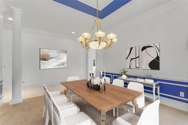 3030 Berry Rd, Loganville, GA 30052 - dining area featuring decorative columns, light carpet, recessed lighting, a chandelier, and crown molding