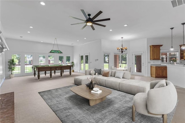 3030 Berry Rd, Loganville, GA 30052 - living area featuring light colored carpet, recessed lighting, french doors, a ceiling fan, and billiards table