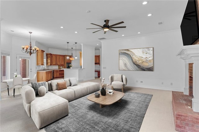 3030 Berry Rd, Loganville, GA 30052 - living room featuring a chandelier, recessed lighting, a ceiling fan, light carpet, and baseboards