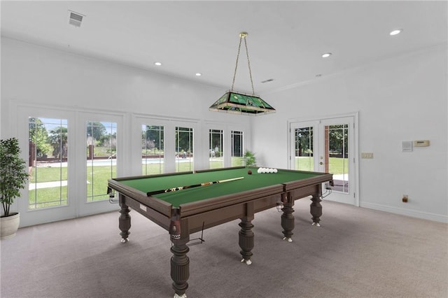 3030 Berry Rd, Loganville, GA 30052 - playroom featuring french doors, light carpet, pool table, recessed lighting, and baseboards