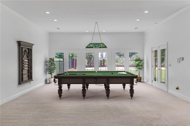 3030 Berry Rd, Loganville, GA 30052 - playroom with light carpet, billiards table, baseboards, recessed lighting, and french doors