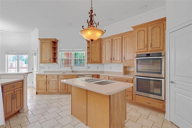 3030 Berry Rd, Loganville, GA 30052 - kitchen with stainless steel double oven, open shelves, black electric stovetop, a center island, and a sink