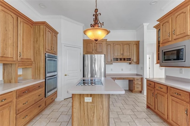 3030 Berry Rd, Loganville, GA 30052 - kitchen with stainless steel appliances, a center island, light countertops, pendant lighting, and light stone finish floors