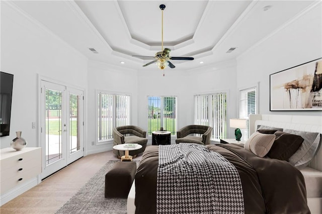 3030 Berry Rd, Loganville, GA 30052 - bedroom featuring access to outside, a towering ceiling, light colored carpet, multiple windows, and crown molding