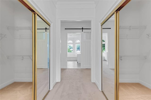 3030 Berry Rd, Loganville, GA 30052 - corridor featuring light carpet, a barn door, ornamental molding, and baseboards