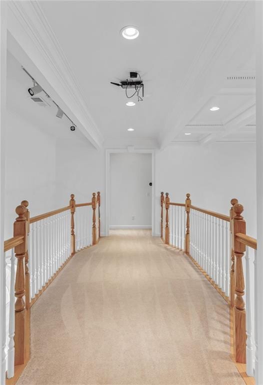 3030 Berry Rd, Loganville, GA 30052 - hallway with crown molding, an upstairs landing, recessed lighting, and light colored carpet