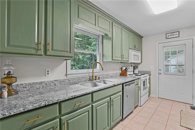 250 Vermont St, Demorest, GA 30535 - kitchen featuring green cabinets, white appliances, a sink, light tile patterned floors, and light stone counters