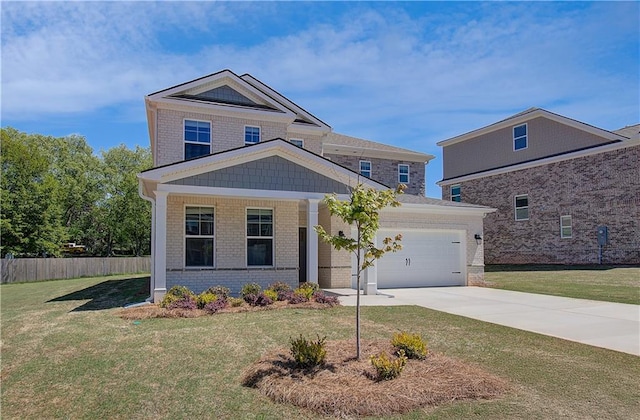 view of front facade featuring a garage, concrete driveway, a porch, and brick siding