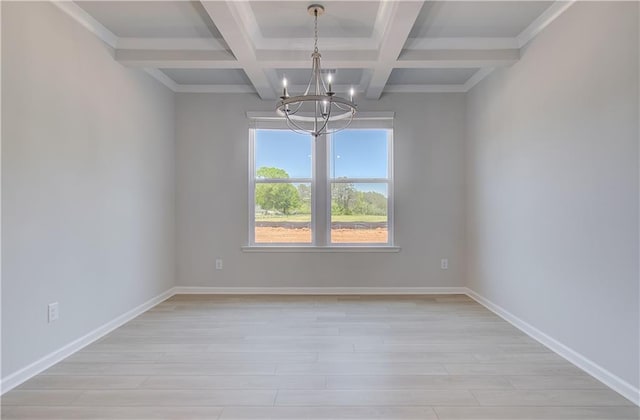 unfurnished room with a chandelier, beamed ceiling, coffered ceiling, light wood finished floors, and baseboards
