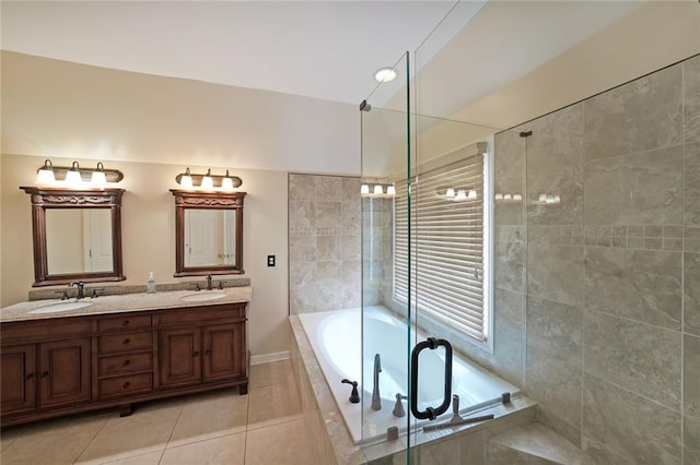 2747 Harper Woods Dr, Marietta, GA 30062 - full bathroom with a garden tub, a tile shower, double vanity, and tile patterned floors
